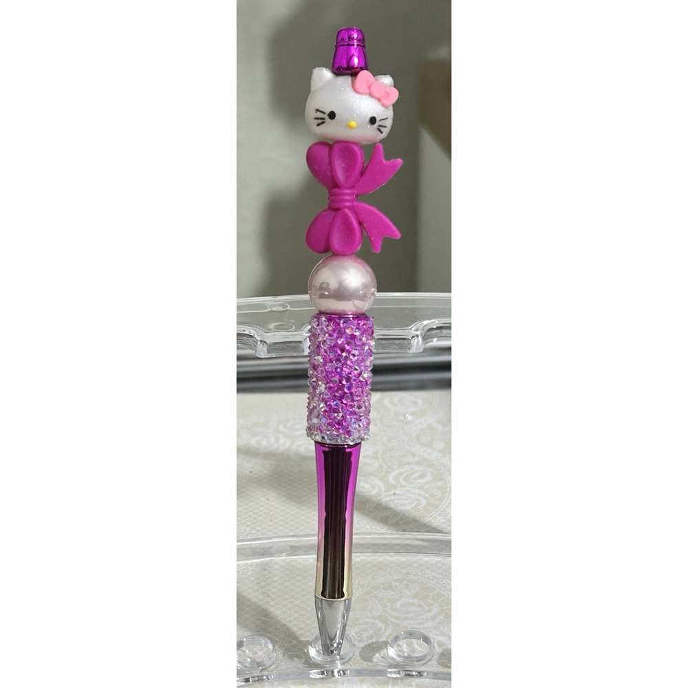 Custom Beaded Pen Kitty Metallic Purple Bow Pearl Glitter Bead Handmade Gift